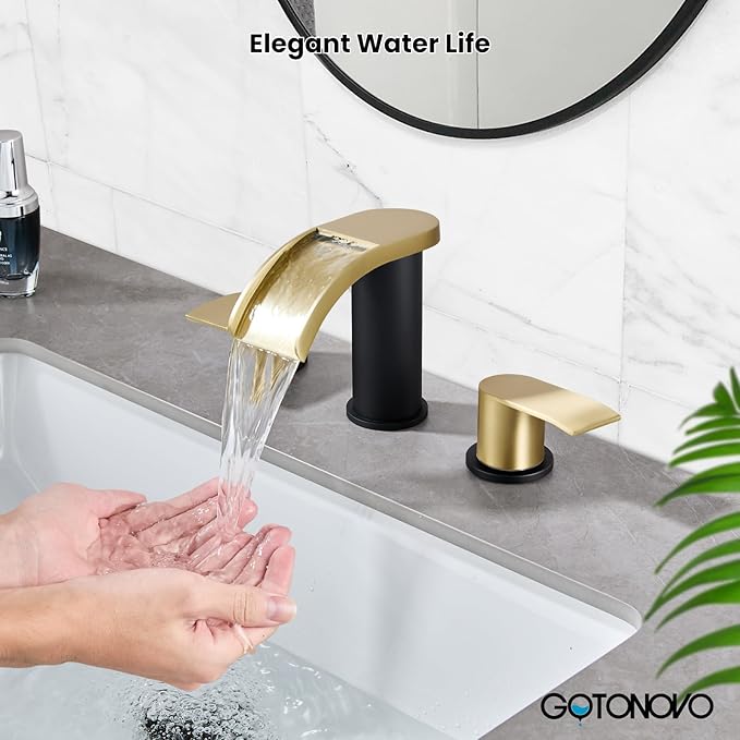 gotonovo Waterfall 8 inch Widespread Bathroom Faucet Set Bathroom Sink Faucet 3 Hole 2 Handle Vanity Lavatory Deck Mount with Pop Up Drain and Water Supply Lines Round Body Gold and Matte Black