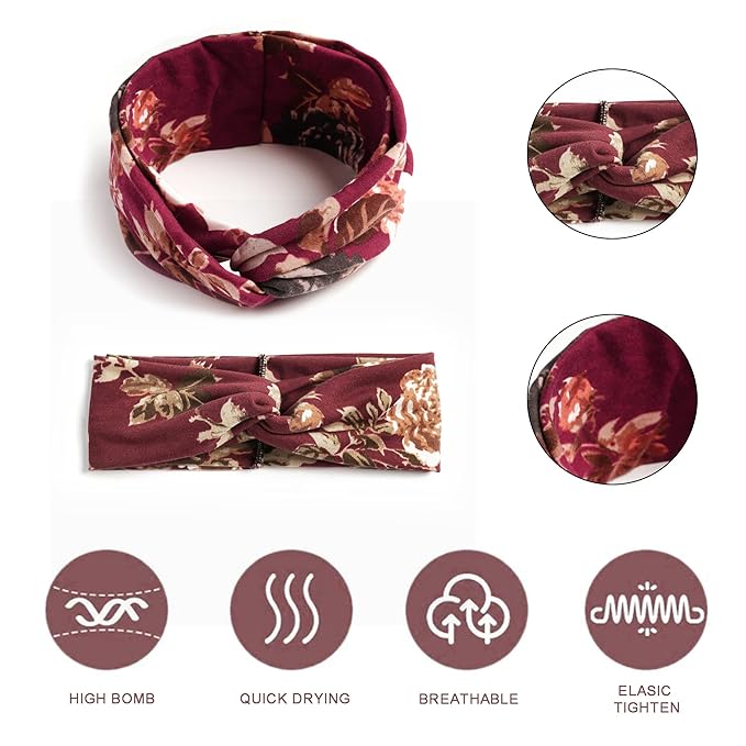 Boho Headbands For Women Fashion Criss Cross Hair Bands Stretch Turban Knot Head Bands Yoga Running Sweatband Elastic Headband Stylish Wrap Headbands Hair Accessories for Teen Girls 4 Pack