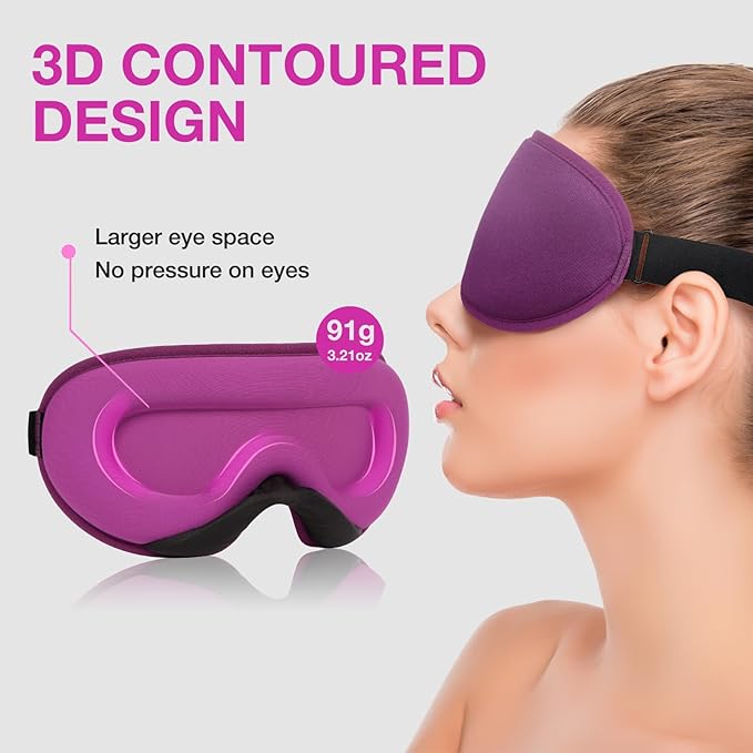 LYSIAN 3D Sleep Mask for Side Sleepers, Blackout Eye Mask with No Pressure on Eyes, Adjustable Comfortable Blindfold with 5 Pairs of Ear Plugs for Sleeping, Travel, Nap, Purple
