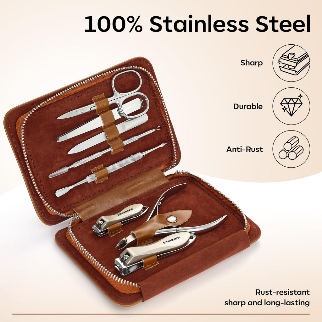 FAMILIFE Stainless Steel Manicure Set 8-in-1 Professional Nail Clipper Kit