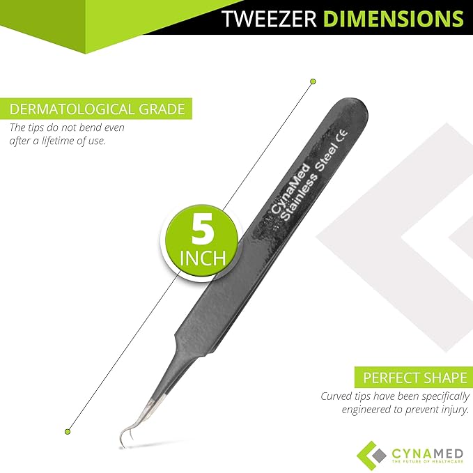 Blackhead Tweezer - Professional Curved Steel Tip Surgical Comedone & Splinter Extractor. Ideal Blemish & Acne Remover Tool Means Flawless Facial Skin (Black)