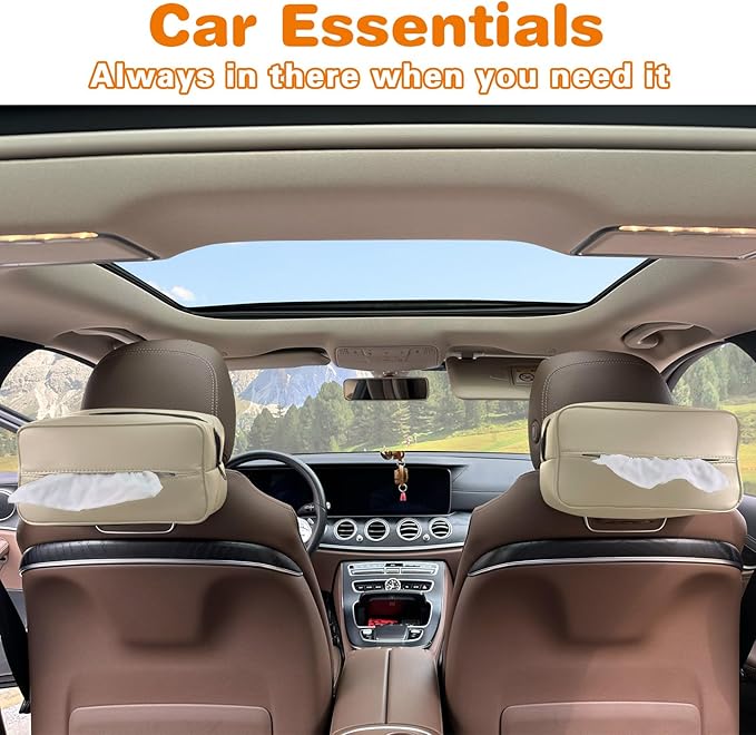 Large Car Tissue Holder for 120 Standard Tissues, Premium PU Leather Tissue Holder in Car Backseat Rectangular, Napkin Holder for Car Fits for Kleenex Tissues Box Daily Use Black (2, Beige)