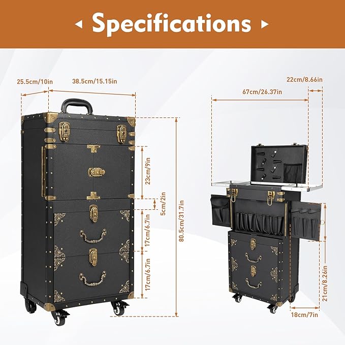CNCEST Beauty Salon Luggage,Rolling Lockable Makeup Train Case Hairdressing Trolley Stylist Beauty Salon Cosmetic Luggage Travel Organizer Tool Box with Hair Dryer Holder Retro Black