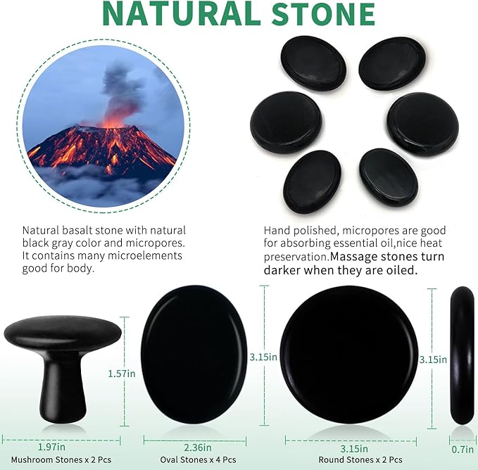 HDYAR Hot Stones for Massage-6 Large Essential Basalt Massage Stones Set (3.15in) with 2 Mushroom Shape Gua Sha Facial Tools, Massage Tools for Professional or Home SPA, Relaxing, Pain Relief