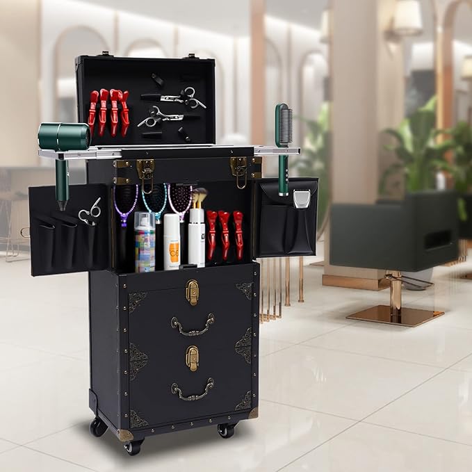 Rolling Lockable Makeup Train Case, Hairdressing Trolley Travel Organizer Tool Box Stylist Beauty Salon Cosmetic Luggage with Hair Dryer Holder for Barber Stores Hairdressing Colleges Homes