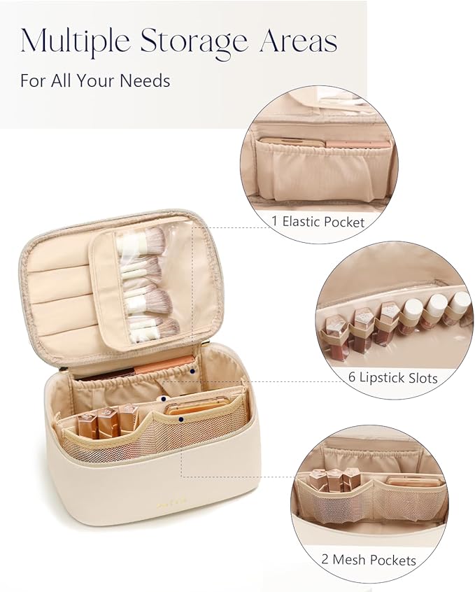 Prite Makeup Bag, Large Capacity Cosmetic Bag for Women and Girls, Waterproof PU Leather Travel Makeup Case, Toiletry Organizer with Handle and Divider for Skincare and Brushes - Beige