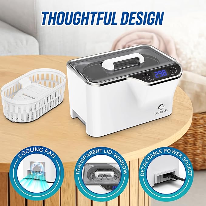 LifeBasis Ultrasonic Cleaner – 45kHz Professional Ultrasonic Jewelry Cleaner 600ML with Built-in Cooling Fan, 5 Digital Timer for Rings, Coins, Watches, Eyeglasses, Dentures, Retainers & More, White