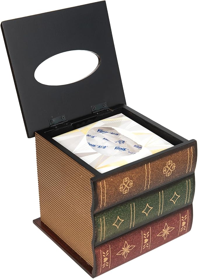 Crafted Classical Retro Wooden Antique Book Tissue Box Cover Square Tissue Holder Dispenser Paper Cover Case Napkin Holder Home Decor for Bathroom Living Room Office car Kitchen (Brown)