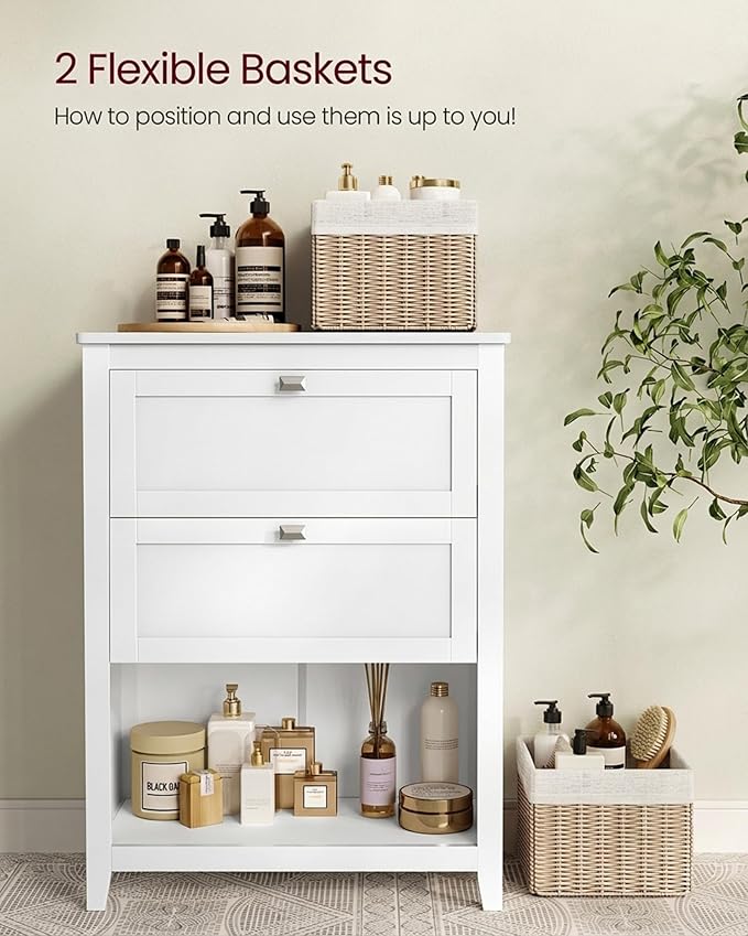 VASAGLE Storage Cabinet, Freestanding Floor Cabinet, 2 Drawers with 1 Set of Adjustable Divider, 2 Baskets, Sideboard, 11.8 x 23.6 x 31.5 Inches, for Bathroom, Living Room, Cloud White UBBC545W02