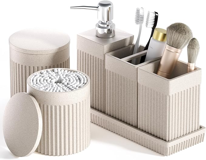 InnJoey 6-Piece Beige Bathroom Set - Sleek Resin Bathroom Accessories Set with Soap Dispenser, Toothbrush Holder, Vanity Tray, Tumbler & Apothecary Jars for Small Spaces