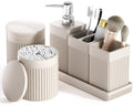 InnJoey 6-Piece Beige Bathroom Set - Sleek Resin Bathroom Accessories Set with Soap Dispenser, Toothbrush Holder, Vanity Tray, Tumbler & Apothecary Jars for Small Spaces