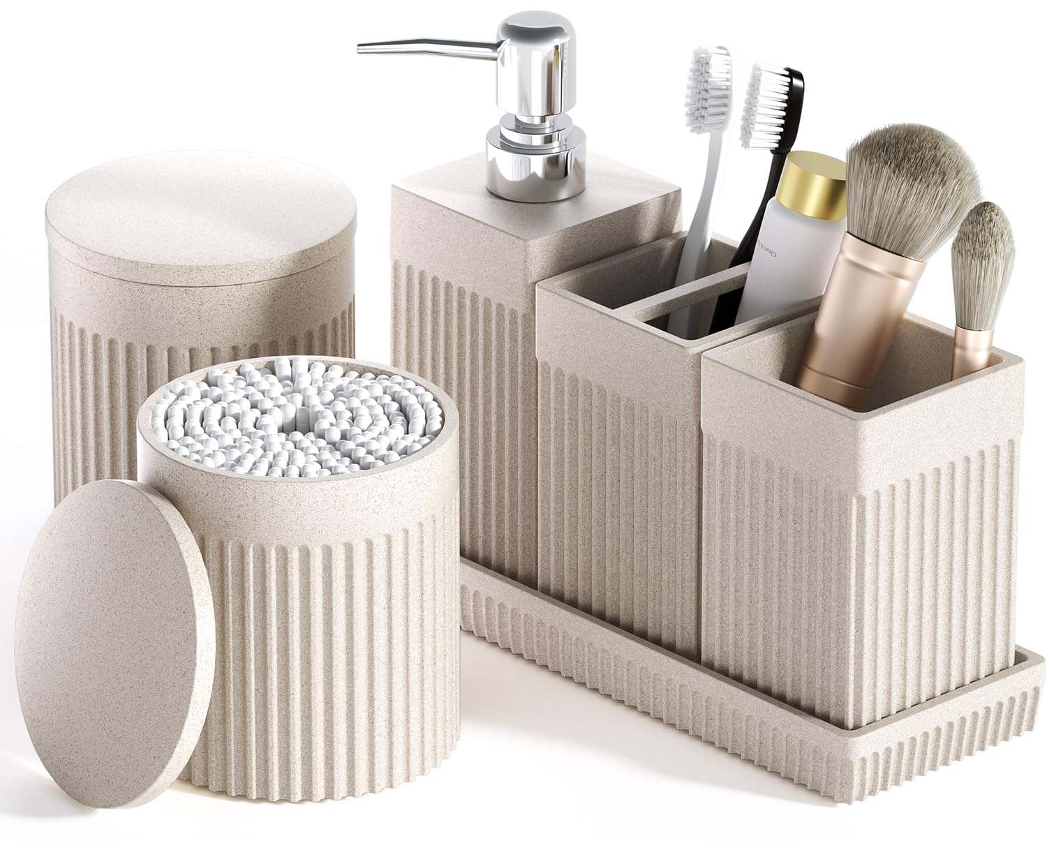 InnJoey 6-Piece Beige Bathroom Set - Sleek Resin Bathroom Accessories Set with Soap Dispenser, Toothbrush Holder, Vanity Tray, Tumbler & Apothecary Jars for Small Spaces