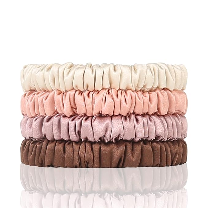 4 Count Silk Hair Ties 22 Momme 100% Pure Mulberry, Beige, Coral, Brown, Cameo Brown for Hair Sleep, Small Scrunchies for Women