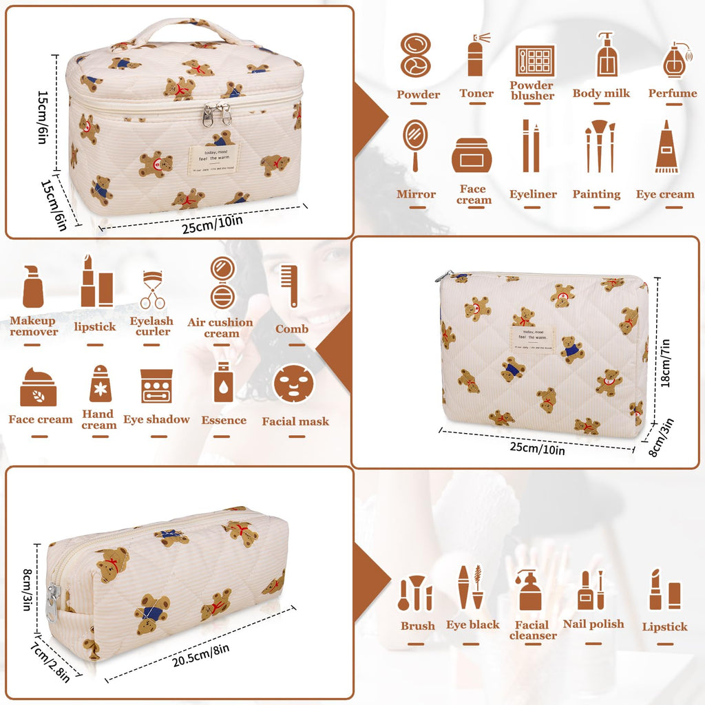Gosect 3PC Makeup Bag Set, Quilted Makeup Bag, Large Floral Cosmetic Bag for Women, Cute Cotton Makeup Bags, Flower Travel Toiletry Organizer Bag (Bear)