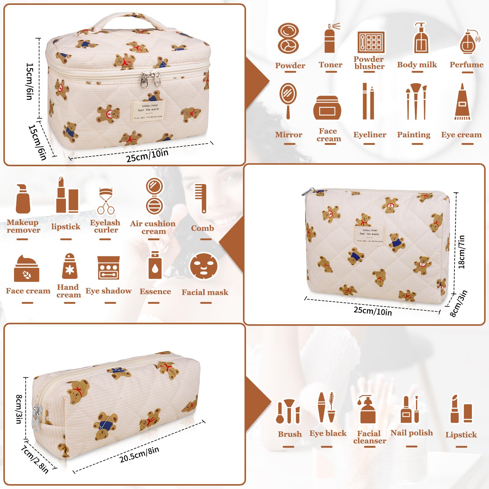 Gosect 3PC Makeup Bag Set, Quilted Makeup Bag, Large Floral Cosmetic Bag for Women, Cute Cotton Makeup Bags, Flower Travel Toiletry Organizer Bag (Bear)