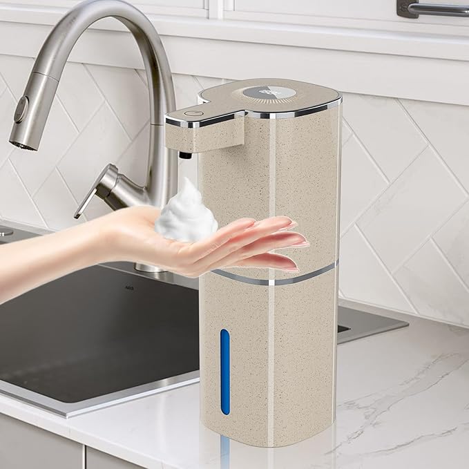 Automatic Foaming Soap Dispenser, Touchless Rechargeable Hand Soap Dispenser, 4 Adjustable Levels, 1200mAh Battery, Large Display, for Kitchen & Bathroom (Light Khaki, Foaming)