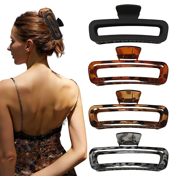 Nalodu 5 Inch Large Hair Claw Clips, No Slip Matte & Glossy Unbreakable Square XL Hair Clips for Thick Long Curly Hair, Women's Big Rectangle Strong Clips, 4 Pack