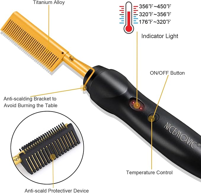NICEMOVIC Ceramic Heating Hair Straightener Comb - Hot Pressing Brush for Natural Black Hair, Beard Wigs, and Curling (Gold)