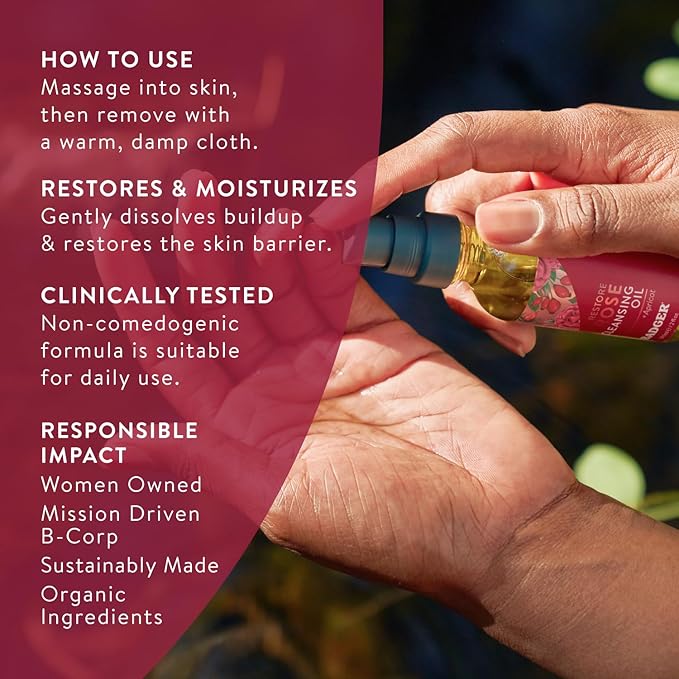 Badger Rose Face Cleansing Oil, Organic Facial Oil Cleanser & Makeup Remover, Oil Cleansing Method, Non-Greasy Moisturizing Skin Balancing Gentle Face Cleanser w/Pure Rose Oil, 2 fl oz Glass Bottle