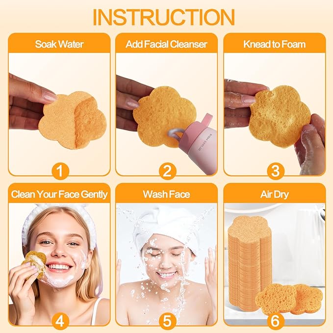 Spunspon 50-Count Facial Sponges, Natural Fiber, Deep Yellow, Reusable, Exfoliating Sponges for Cleansing, Makeup Gift