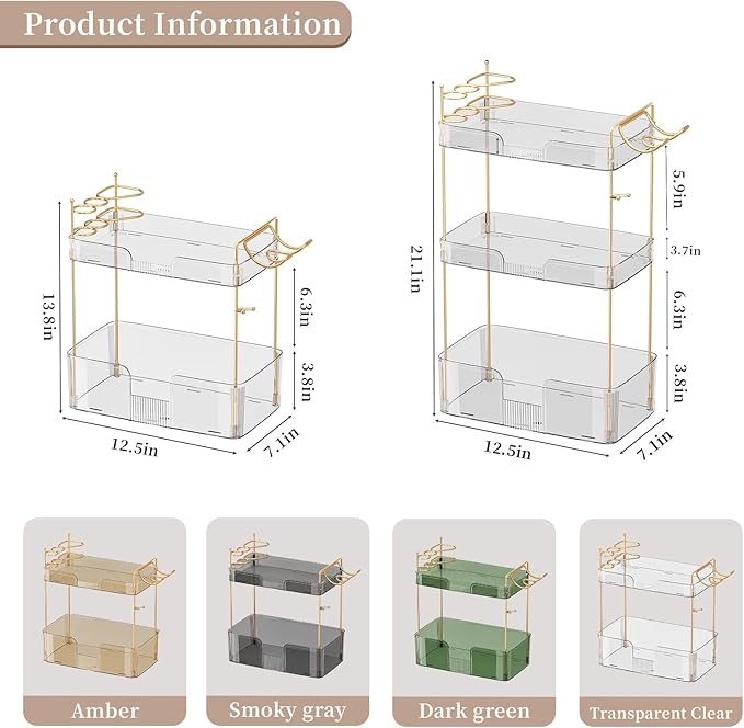 Bathroom Counter Organizer, Large Makeup Organizer Countertop, Shelf Storage, Vanity Tray, Easily Assemble for Bathroom Organizers and Storage, Undersink, Cabinet, 2 Tiers Clear