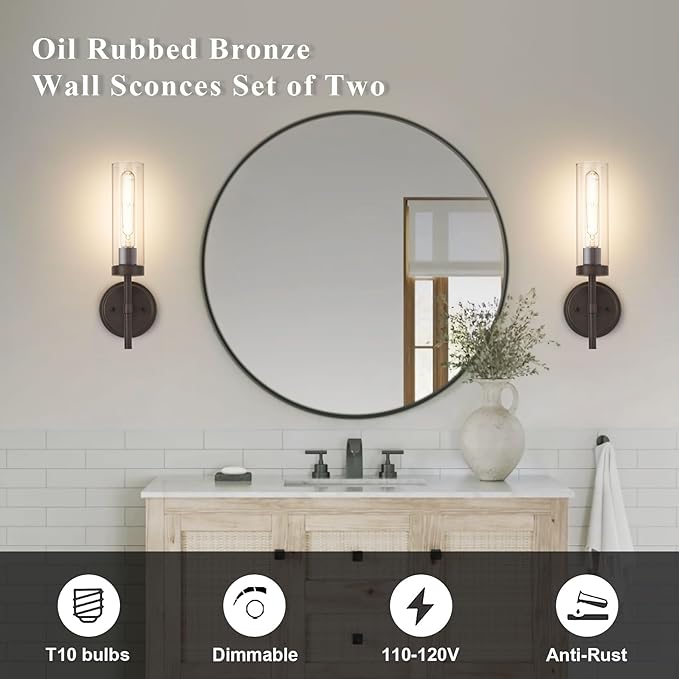 SANTOSTOCK Oil Rubbed Bronze Wall Sconces Set of Two, Bathroom Wall Sconces Vanity Lights with Clear Glass Shade, Modern Farmhouse Wall Mount Lights for Mirror Bedroom Living Room Stairwell Hallway