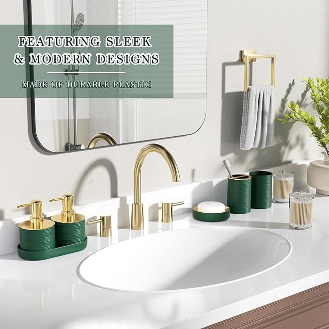 InnJoey Bathroom Set, 10PC Bathroom Accessory Set, Green Bathroom Accessories, Green and Gold Bathroom Set with Trash Can, Soap Dispensers