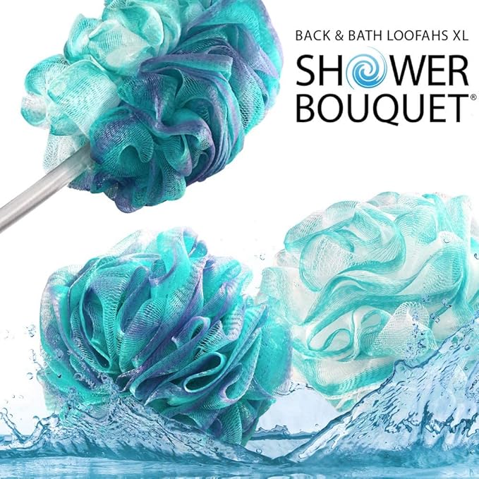 SHOWER BOUQUET 2-Sided Back-Loofah-with-Handle & 2 Bath Sponge Puff Set