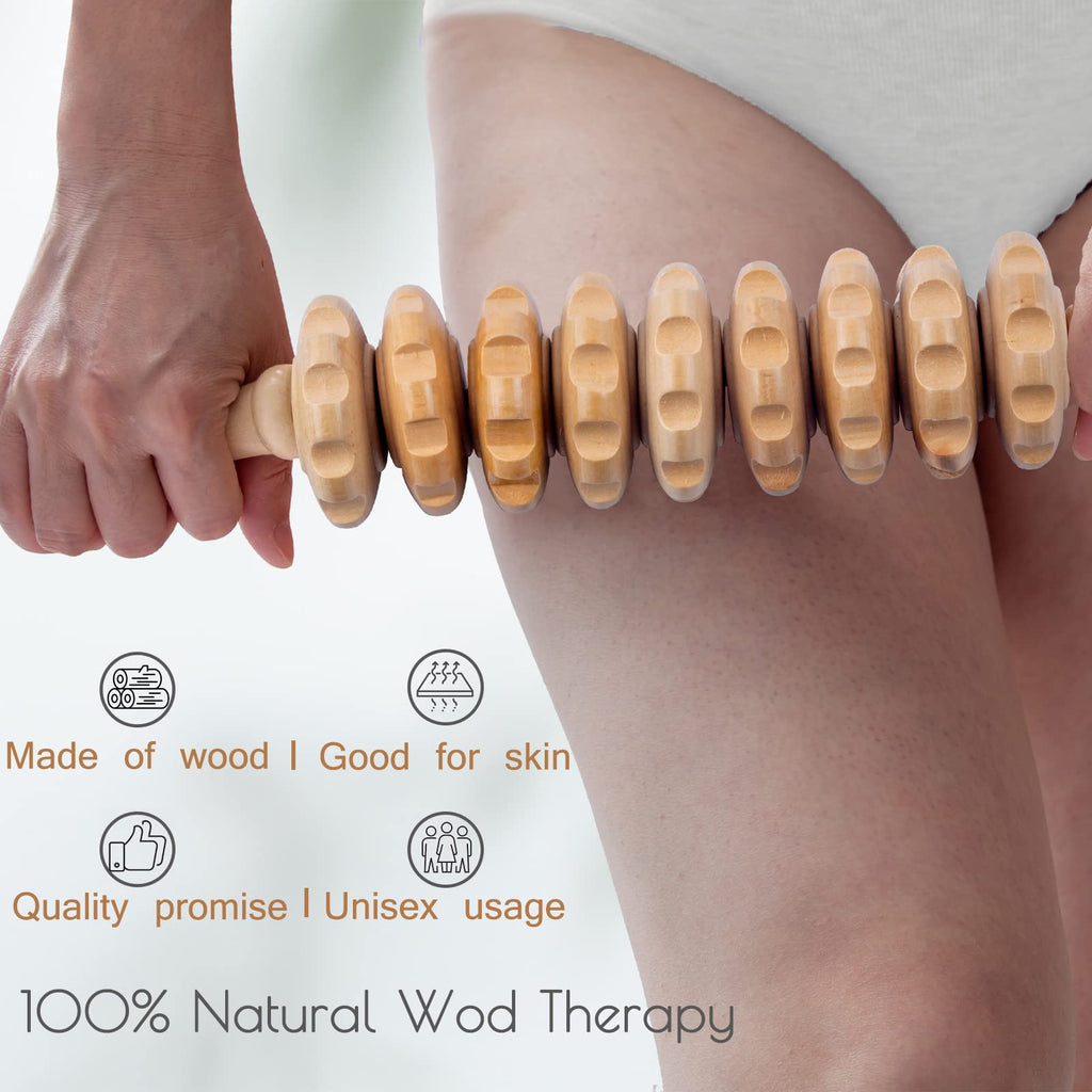Wooden Massage Roller for Body Shaping, Wood Therapy Roller with 9 Rotating Rollers, Anti-Cellulite Body Sculpting Massage Tool for Muscle Relaxation