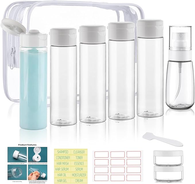 Wowang Travel Bottles for Toiletries 9 PCS 3.4oz TSA Approved Travel Size Containers Leak Proof Plastic Squeeze Bottle Small Cream Jars & Refillable Spray Bottle for Shampoo Conditioner Toner(Clear)