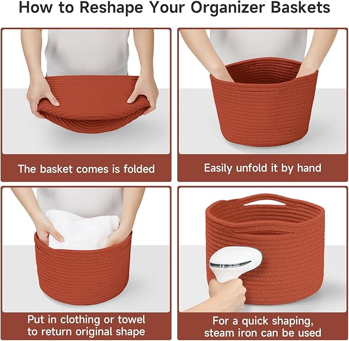 Small Rope Baskets for Storage, Baskets for Gifts Empty, Cute Round Woven Basket, Decorative Shelf Baskets 9.82×9.82×7.1", Cotton Toy Basket Storage Bins for Organizer 3 Packs-Brick Red
