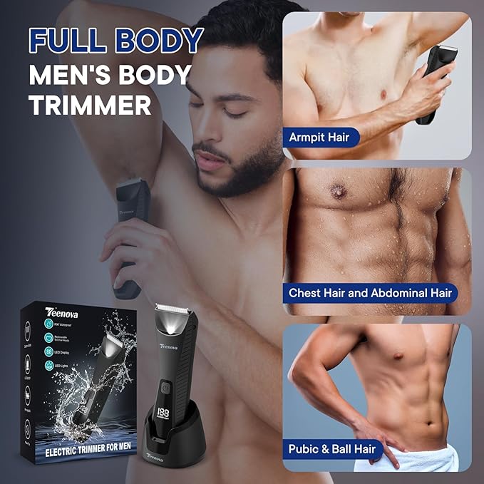 TEENOVA Pubic & Body Hair Trimmer for Men, 2 In 1 Electric Ball Groin Razor Shaver with Ceramic Blade, No Nick Mens Grooming Kit for Wet/Dry Use, Cordless Charging Body Groomer with Led Display, Black