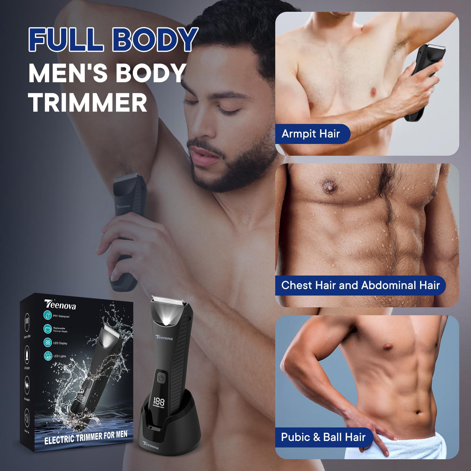 TEENOVA Pubic & Body Hair Trimmer for Men, 2 In 1 Electric Ball Groin Razor Shaver with Ceramic Blade, No Nick Mens Grooming Kit for Wet/Dry Use, Cordless Charging Body Groomer with Led Display, Black