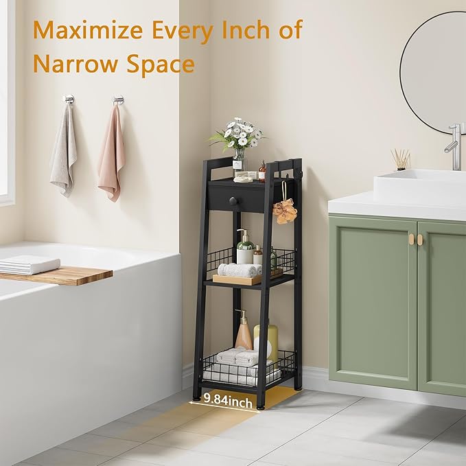 3-Tier Narrow Ladder Shelf with Drawer, Bathroom Table Stand for Small Space, Narrow Bathroom Standing Shelves with Storage for Living Room Bedroom Kitchen, Black