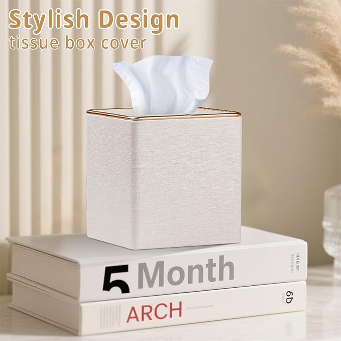 Leather Tissue Box Cover Square,Decorative Cube Tissue Box Holder with Magnetic Bottom,Facial Paper Organizer Table Napkin Case Dispenser for Bathroom NightStand Coffee Car Home Office,Beige