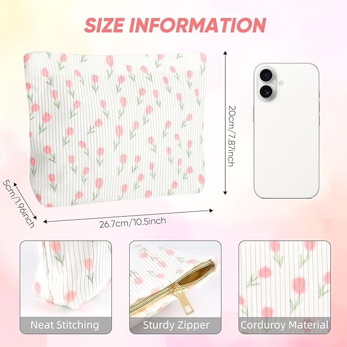 Ksriylm Cute Floral Makeup Pouch for Women Small Make Up Bag for Purse Zipper Initial Makeup Cosmetic Bags Pouches for Purse Aesthetic Travel Toiletry Bags, Pink Rose