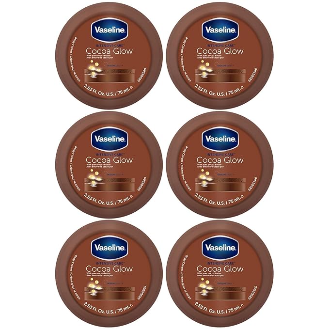 Vaseline Cocoa Glow Body Cream 6-Pack – Pure Cocoa Butter 48H Moisturizing Cream for Dry Skin, Travel-Size, 2.53 Fl Oz Ea