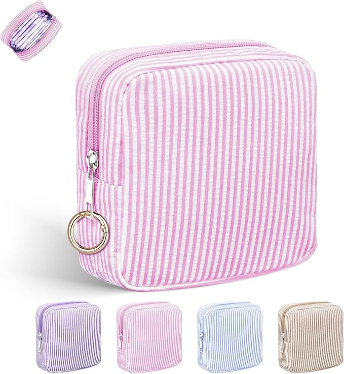 Period Bag for Teen Girls, Stripes Sanitary Napkin Storage Bag with Ring Buckle, Menstrual Pad Pouches Tampon Holder for Purse (Pink)