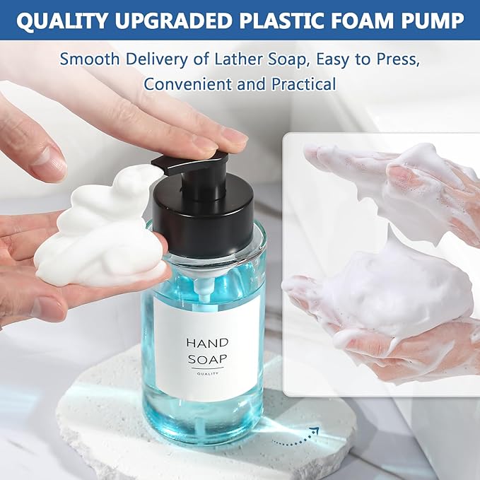 Foaming Soap Dispenser, 10 oz/300ml Foaming Hand Soap Dispenser, 4 Pack Glass Dispenser for Bathroom & Kitchen, Clear Refillable Foam Dispenser Bottle with Waterproof Labels