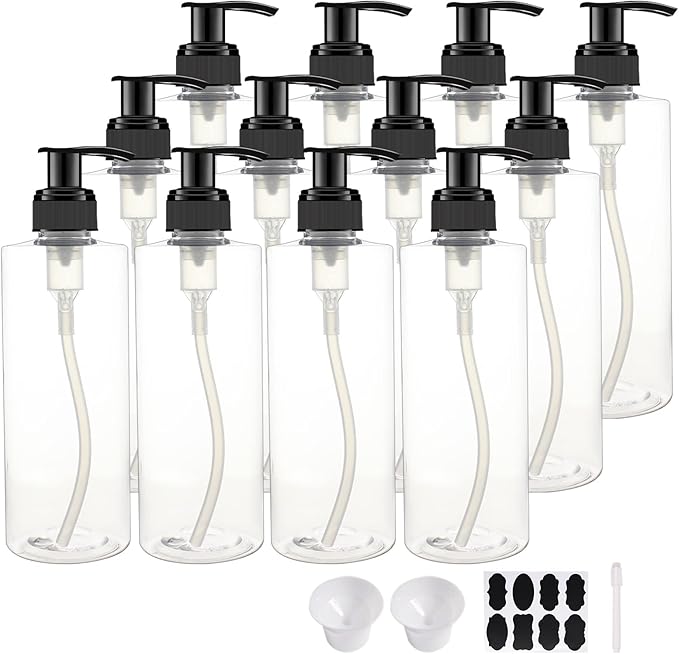 BPFY 12 Pack 8 oz Plastic Pump Dispenser Bottles for Massage Oil, Shampoo, Lotions, Body Wash Pump Bottles, Cream Refillable Containers with Pump, 2 Funnel, 18 Chalk Labels