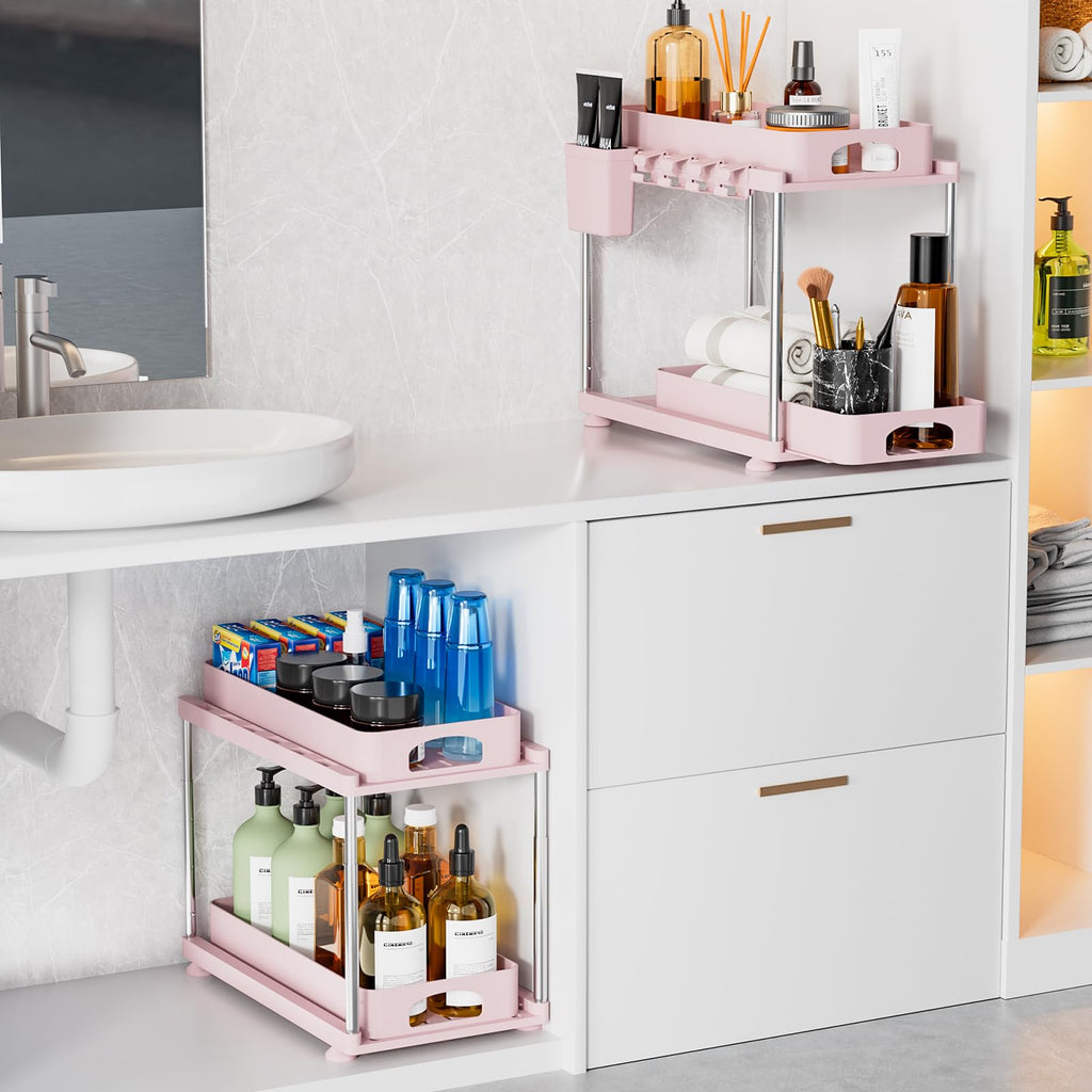 VERIFOST Under Sink Organizer, 2 Pack Kitchen and Bathroom Cabinet Organizer, 2 Tier Adjustable Height Storage, Pink