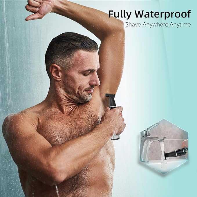 RUIM Men's 3-in-1 Body Groomer | Waterproof Electric Shaver for Groin & Sensitive Areas | Painless Wet/Dry Use with Nose & Eyebrow Trimmer | 8-Head Kit for Chest, Back, Body Hair