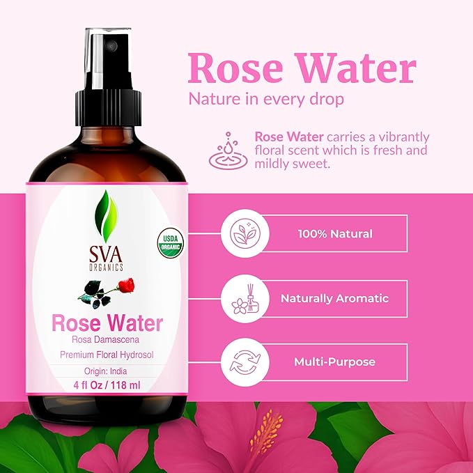 SVA ORGANICS Rose Water, Glass Bottle with Spray, 4 Fl Oz (118 ml)