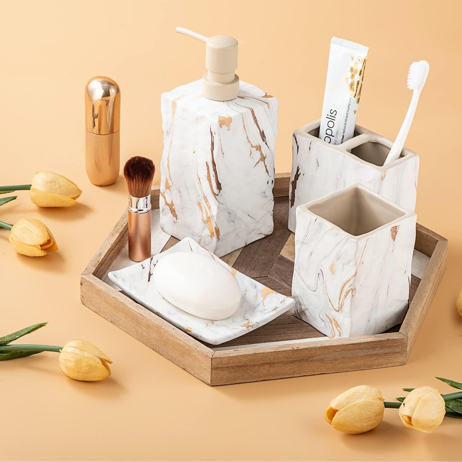 RQYIXI Bathroom Accessories Set 4 Pcs Marble Look Sets Toothbrush Holder Soap Dispenser Counter Top Ceramic Bathroom Decor Set Gold