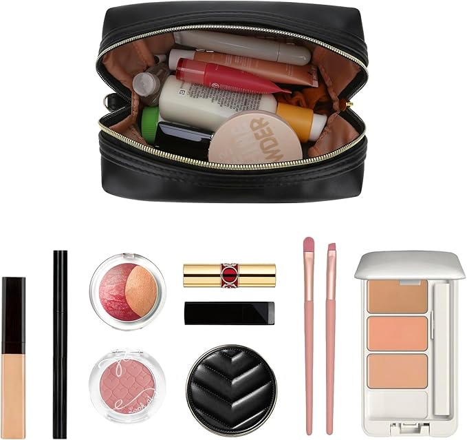 JINSI Small Makeup Bag Travel Cosmetic Bag Toiletry Zipper Pouch Make Up Organizer Bag with Handle Purse for Women Soft PU Leather Skincare Case (Black)