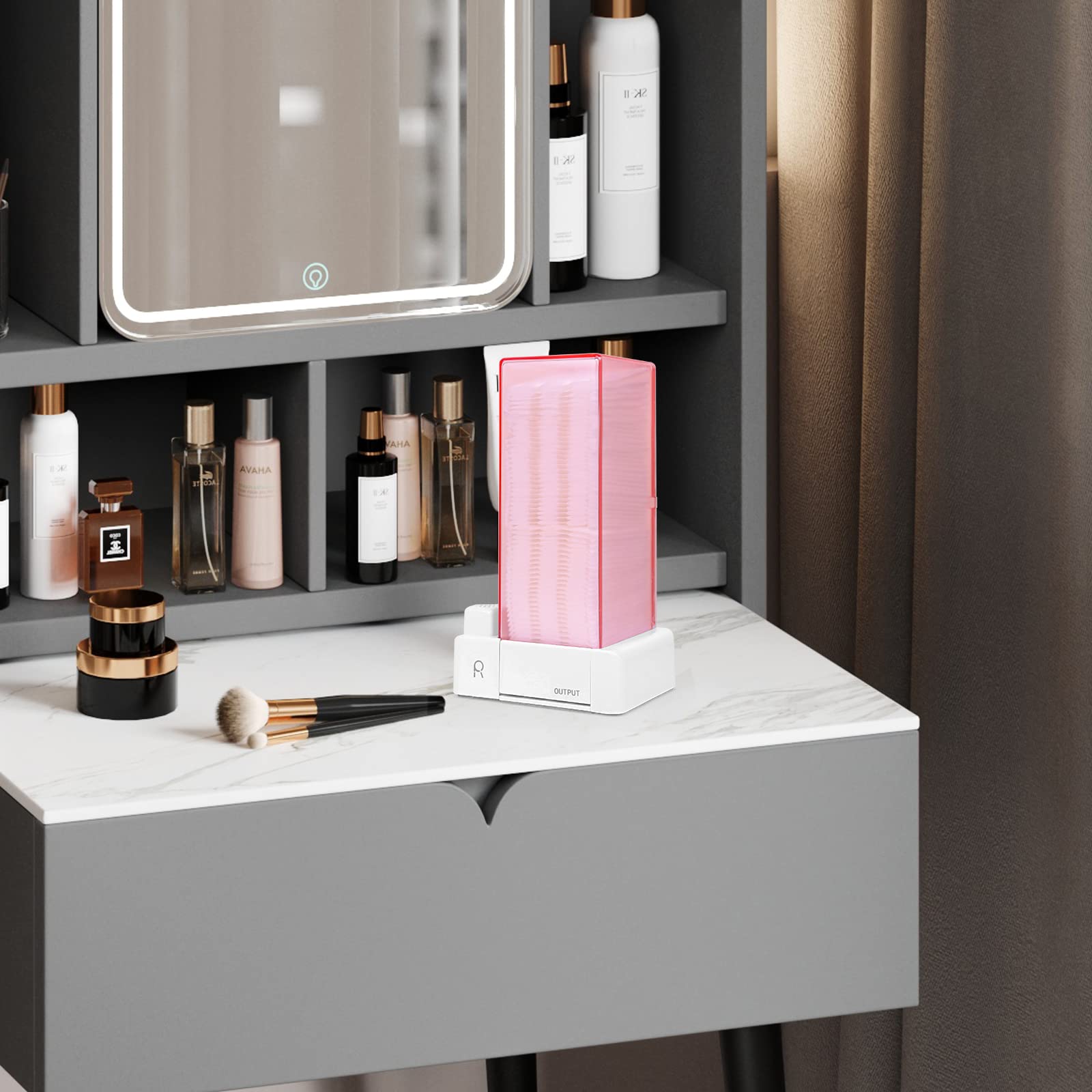 Aukiron Automatic Cotton Pad Holder, Square Press Out Cosmetic Cotton Makeup Removers Pad Holder, Makeup Cotton Organizer Container Dispenser Storage Display Rack(Pink)