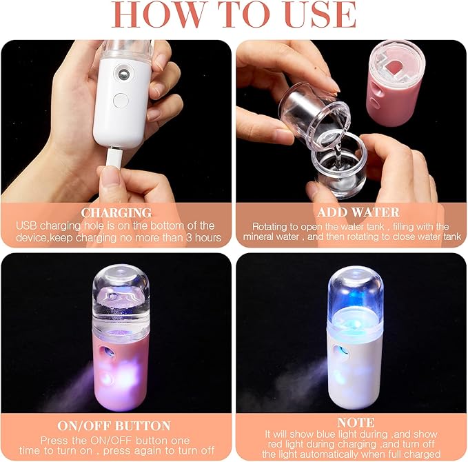Honoson 2 Pack Nano Facial Mister Spray Bottle Handheld Humidifier Portable Face Mister for Eyelash Extensions USB Rechargeable 1 oz Mini Skin Care Machine for Daily Makeup(Coral Orange and White)