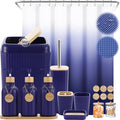 XLHOMO 30PCS Navy Blue Bathroom Accessories Set with Waffle Shower Curtain,Trash Can,3PCS Lotion Soap Dispenser, Toothbrush Holder, Soap Dish,Tumbler Cup,6PCS Wood Tags Bath Accessories with Tray