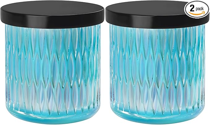Qtip Holder for Bathroom set of 2, Clear Glass Apothecary Jars with Lids, Bathroom Canisters for Cotton Balls,Swabs,Floss Picks,Hair Ties,Vanity Organizer and Storage,Vintage Decor (Blue)