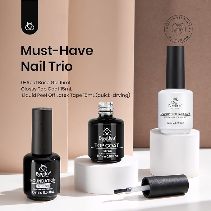 beetles Gel Polish 3 Pcs 15ml No Wipe Gel Top Coat & Base Coat Liquid Latex Set Soak Off LED Nail Lamp Gel Base Top Coat Finish Nails Cuticle Guard Nail Art Design Manicure Kit